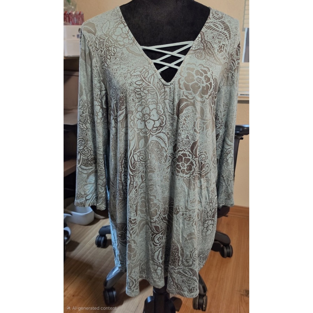City Of Angel Womens Aqua  Floral Tunic Top Shirt Lace Up Front 3/4 Sleeves